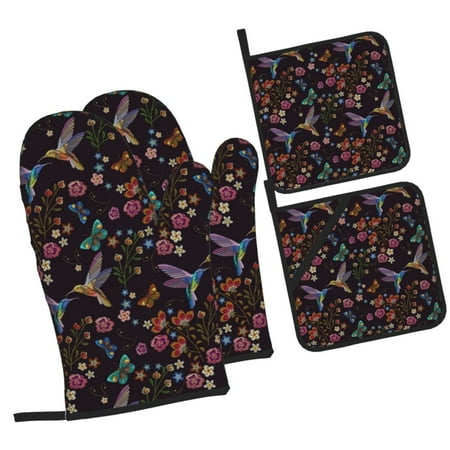 

Fotbe Humming Bird And Tropical Flowers for 4Pcs Oven Mitts and Pot Holders 500℉ Heat Resistant Oven Mitts Non-Slip Silicone Surface Safe for Baking Cooking BBQ