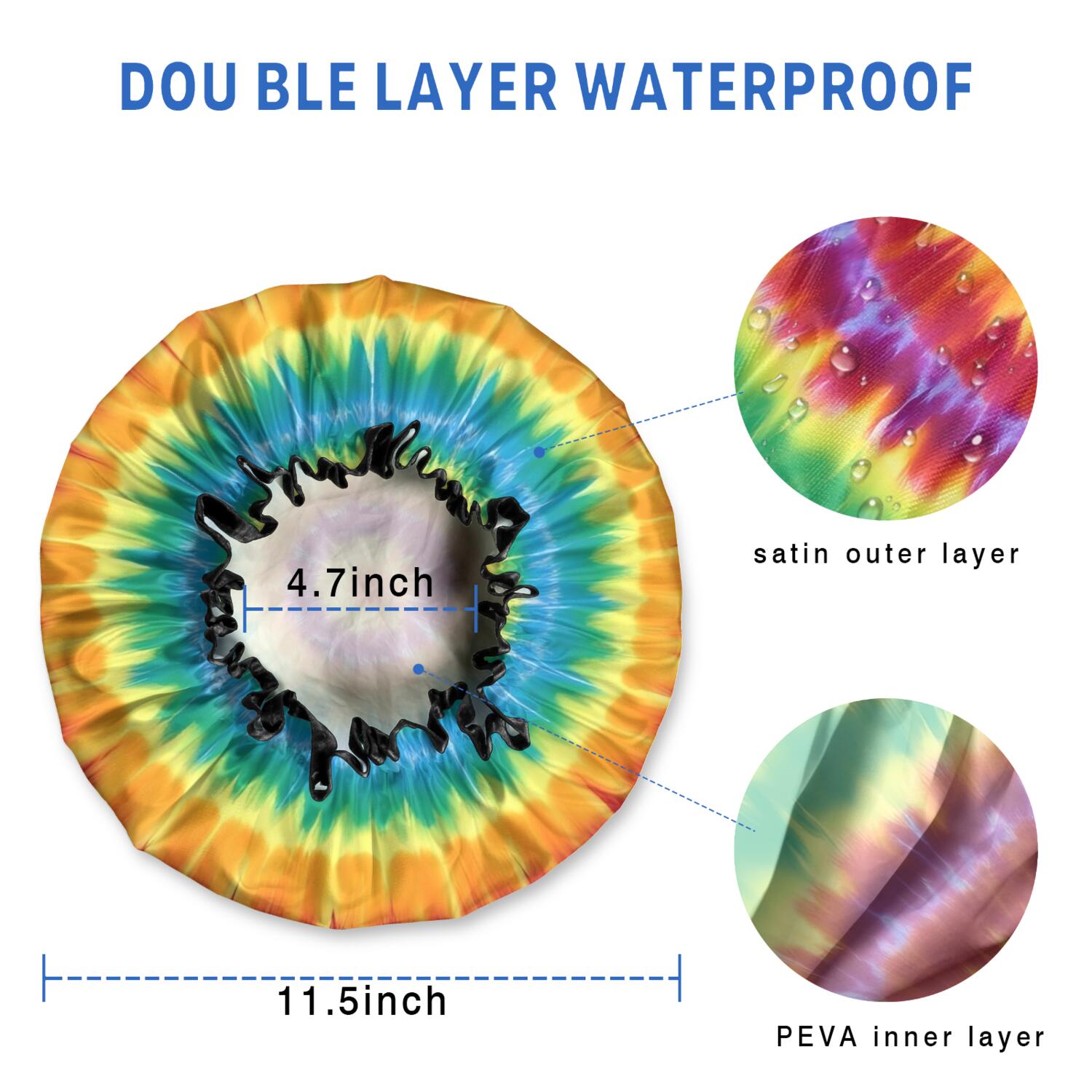Shower Caps,Colorful Rainbow Tie Dye Spiral Pattern Waterproof Shower Cap for Women 4 Pieces,Double Reusable Hair Cover for Shower PEVA Elastic Stretch Hem