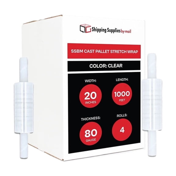 SSBM Extended Core Stretch Wrap 20" x 1000' 80 Gauge 4 Rolls Clear Plastic Cast Hand Shrink Film for Packaging