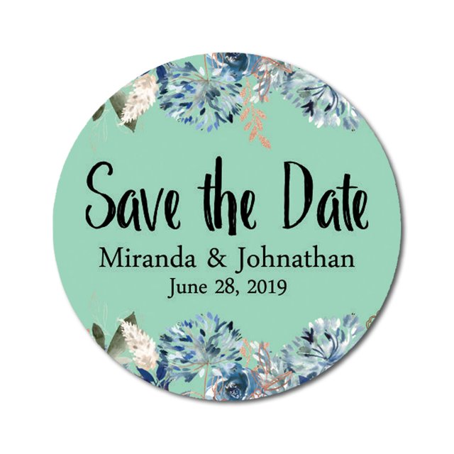 Darling Souvenir Round 45 Pcs Floral Border Save The Date Stickers Wedding Personalized Bride Groom Names And Date Envelope Seals - Mint