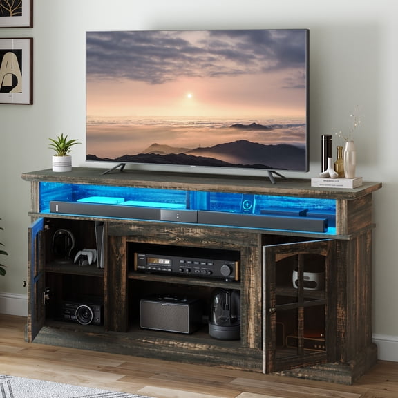 Uforic 66" Farmhouse TV Stand with LED Lights & Power Outlets, Tempered Glass Doors, Adjustable Shelves for Living Room for 75" TV, Brown