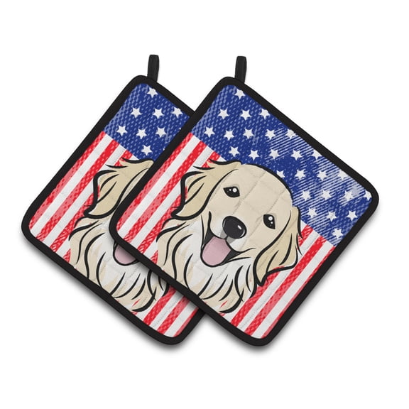 American Flag and Golden Retriever Pair of Pot Holders