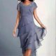 thumbnail image 2 of Women Elegant Dress O-Neck Beaded Decor Short Sleeve Midi Dress Layered Cake Hem Flowy Dress Party Wedding Guest Dress, 2 of 4