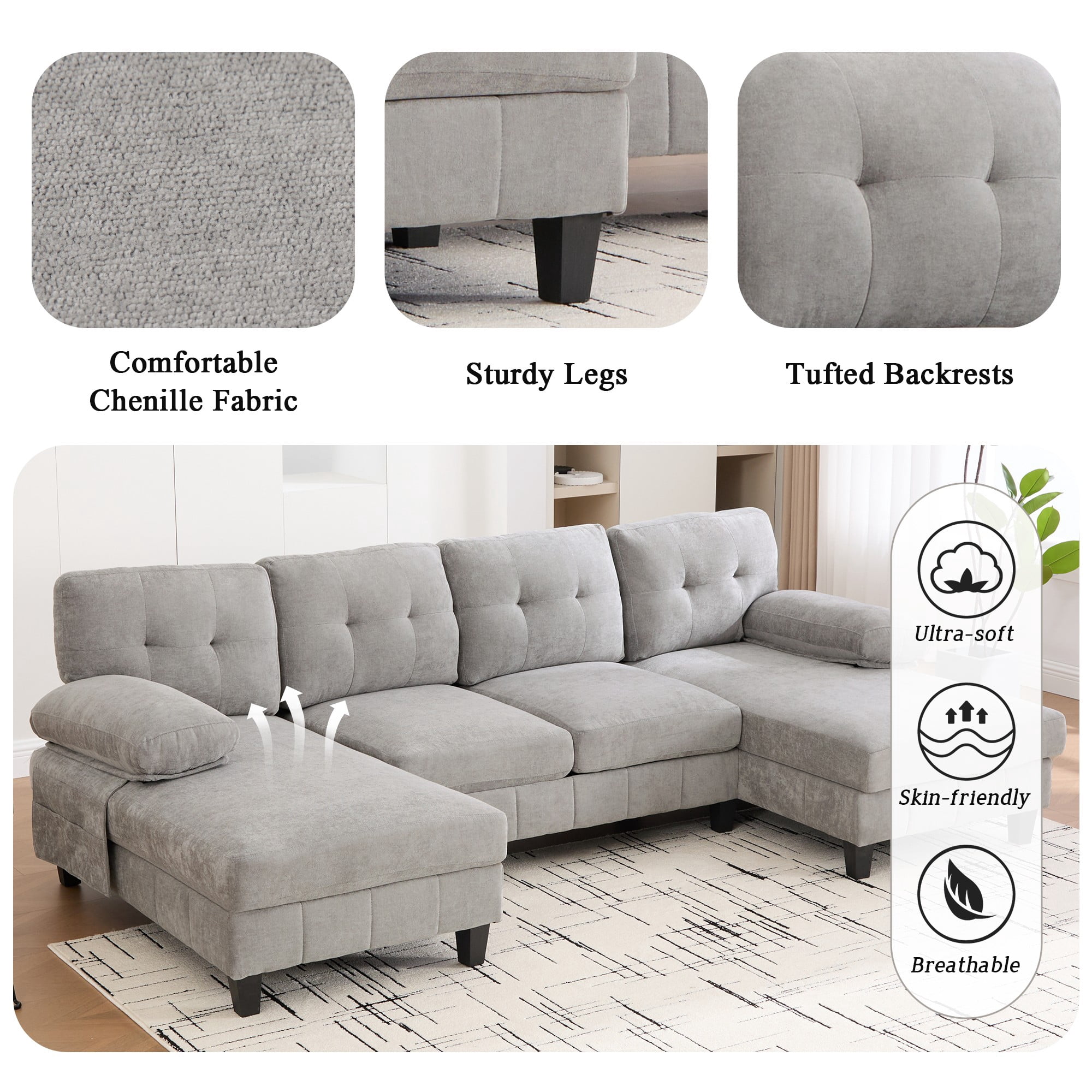 U-shaped Sectional Sofa,103.5" Chenille Upholstered Sofa Couch with Storage Pockets and Armrest Pillows for Living Room,Grey