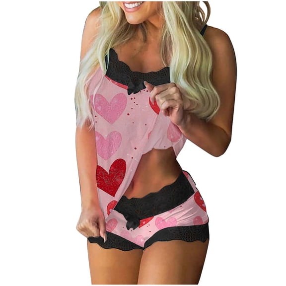 gakvbuo Valentine'S Day Pajamas Camisole And Shorts for Women Sleepwear Sleeveless Lingerie V-Neck 2 Piece Outfits Pajamas Loungewear Cami Top Shorts Lace Up Nightwear