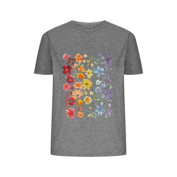 Camisetas de Verano de Mujer Pequeña Flor Impresa Cuello Redondo Manga Corta Superior, Verano Superior de las Mujeres