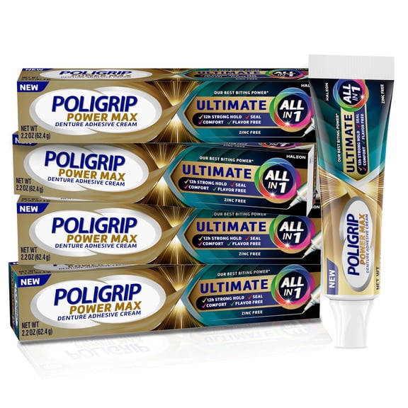 Poligrip Power Max Ultimate All-In-1 Denture Adhesive Cream, Zinc Free, 2.2 Oz (4 Pack)