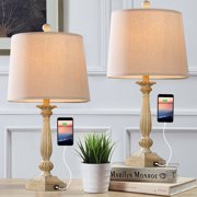 26” Retro Resin Table Lamps,Dual USB Ports Beside Table Lamps,Set of 2,Beige