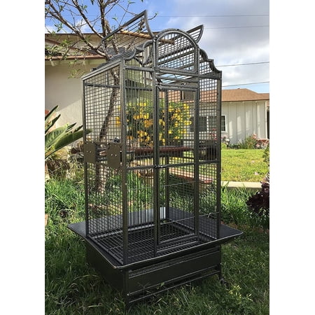 Large Elegant Stylish Wrought Iron Open/Close Play Top Perch Stand Bird Parrot Rolling Cage Include Stainless Steel Feeder Cups Metal Seed Guard Solid Metal Feeder Breeding Nest Doors
