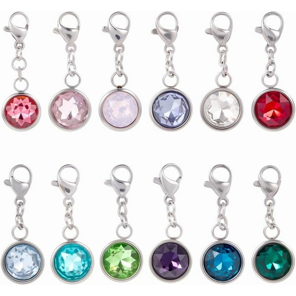 12Pcs 12 Colors Clip On Birthstone Charms 304 Stainless Steel Rhinestone Lobster Clasp Charms
