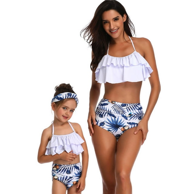 Daeful Parent-child Swimsuit Ruffled Family Matching Swimwear Sleeveless Swim Bikini Set Mother And Daughter Tummy Control Bathing Suits White Blue S