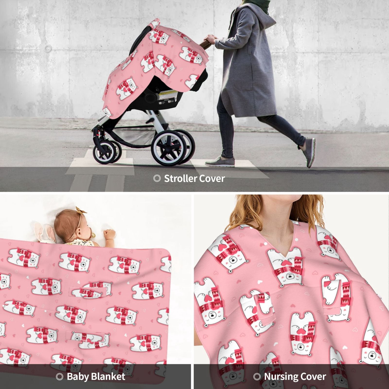 Car Seat Cover Baby - pink Scarf bear Breathable Infant Car Seat Cover for Baby Carseat, Lightweight Comfort Baby Essentials Must Haves Newborn Stuff for Girl Boy