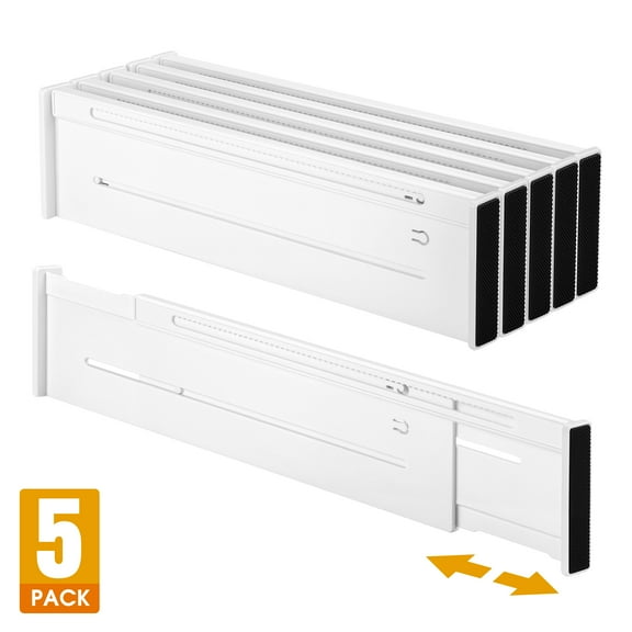 Mimifly 5 Pack Adjustable Drawer Dividers for Clothes, 3.7" High Expandable Dresser Organizers, 14.5"-25.6" Separators with Foam Pads, White