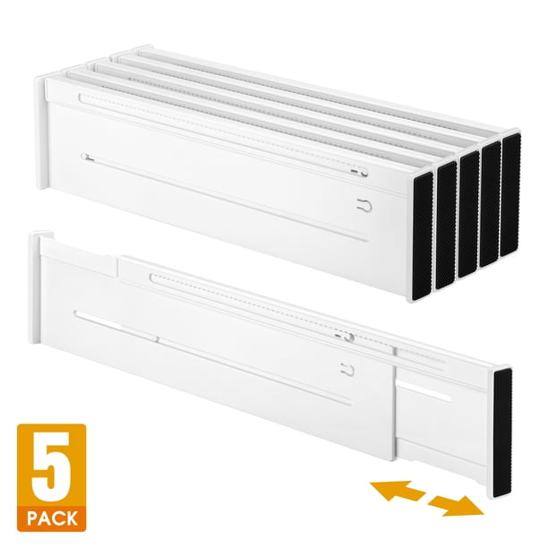 Mimifly Paquete de 5 Separadores de Cajones Ajustables para Ropa, Organizadores de Cómoda Expandibles de 3,7" de Alto, Separadores de 14,5"-25,6" con Almohadillas de Espuma, Blanco