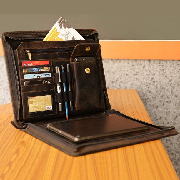 Rustic Town Rustic Town Genuine Leather Business Portfolio, Vintage Leather Zippered Organizer