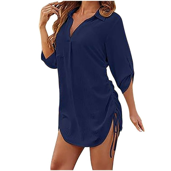Plebaso Women's Beach Cover up Collared V Neck 3/4 Sleeve Bikini Shirt Coverup Drawstring Swimwear Beach Dress