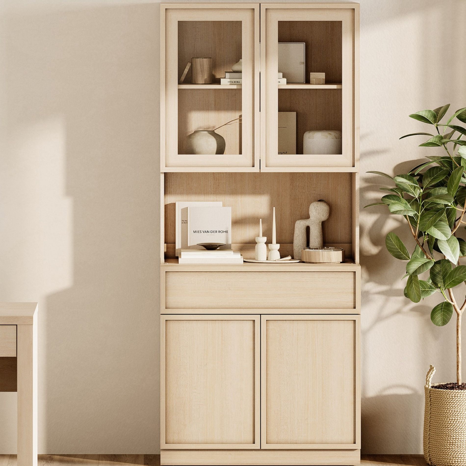 Modern 72" Tall Bookshelf with Glass Doors, Drawers & Adjustable Shelves, Closed Storage Cabinet & Glass Display Shelves,Beige