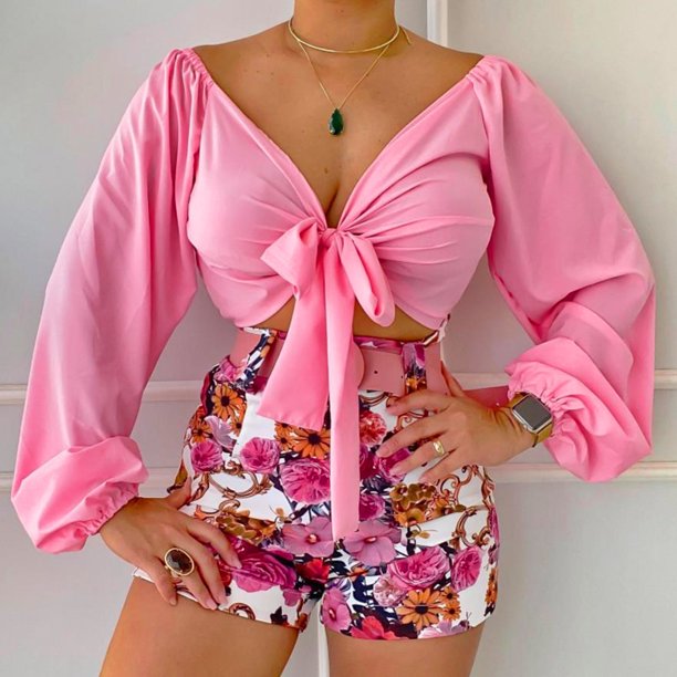 Womens 2pcs Floral Printed Crop Top Lace Up Back Shorts Boyshorts Long  Sleeve Swimsuit Sun Protection Bikini (Color : 1, Size : Medium) :  : Clothing, Shoes & Accessories