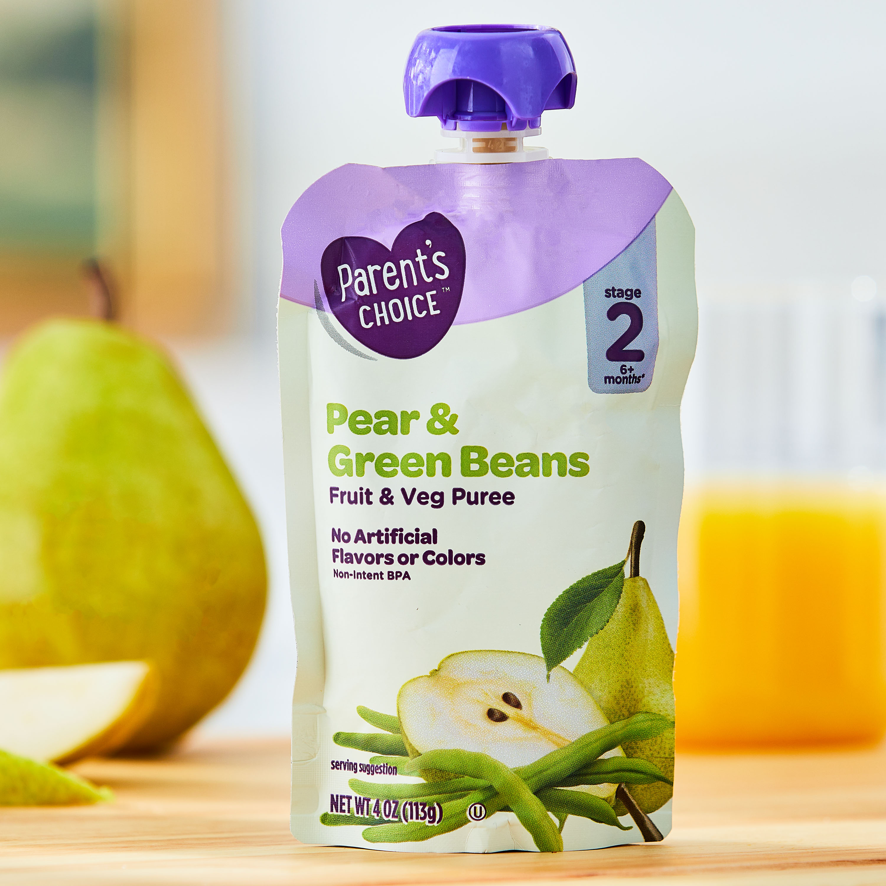 Comida para Bebé Etapa 2 de Parent's Choice, Puré de Pera y Ejotes, Bolsa de 4 oz 2