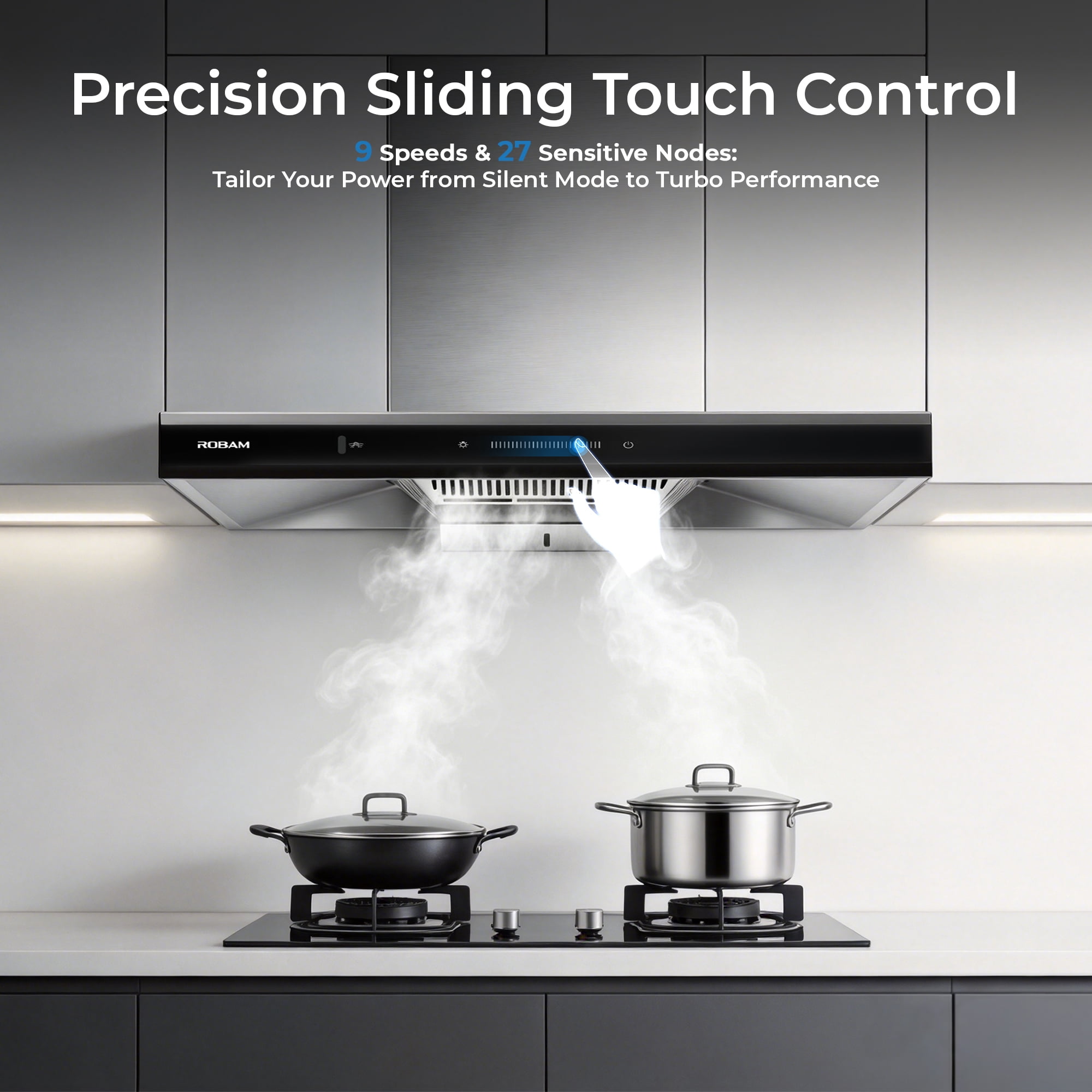ROBAM 36-Inch Wall Mount Range Hood A832, 1100 CFM Powerful Kitchen Hood, Ducted/Ductless Convertible, 9-Speed Slide & Touch Control with Delay Shutoff & Charcoal Filter