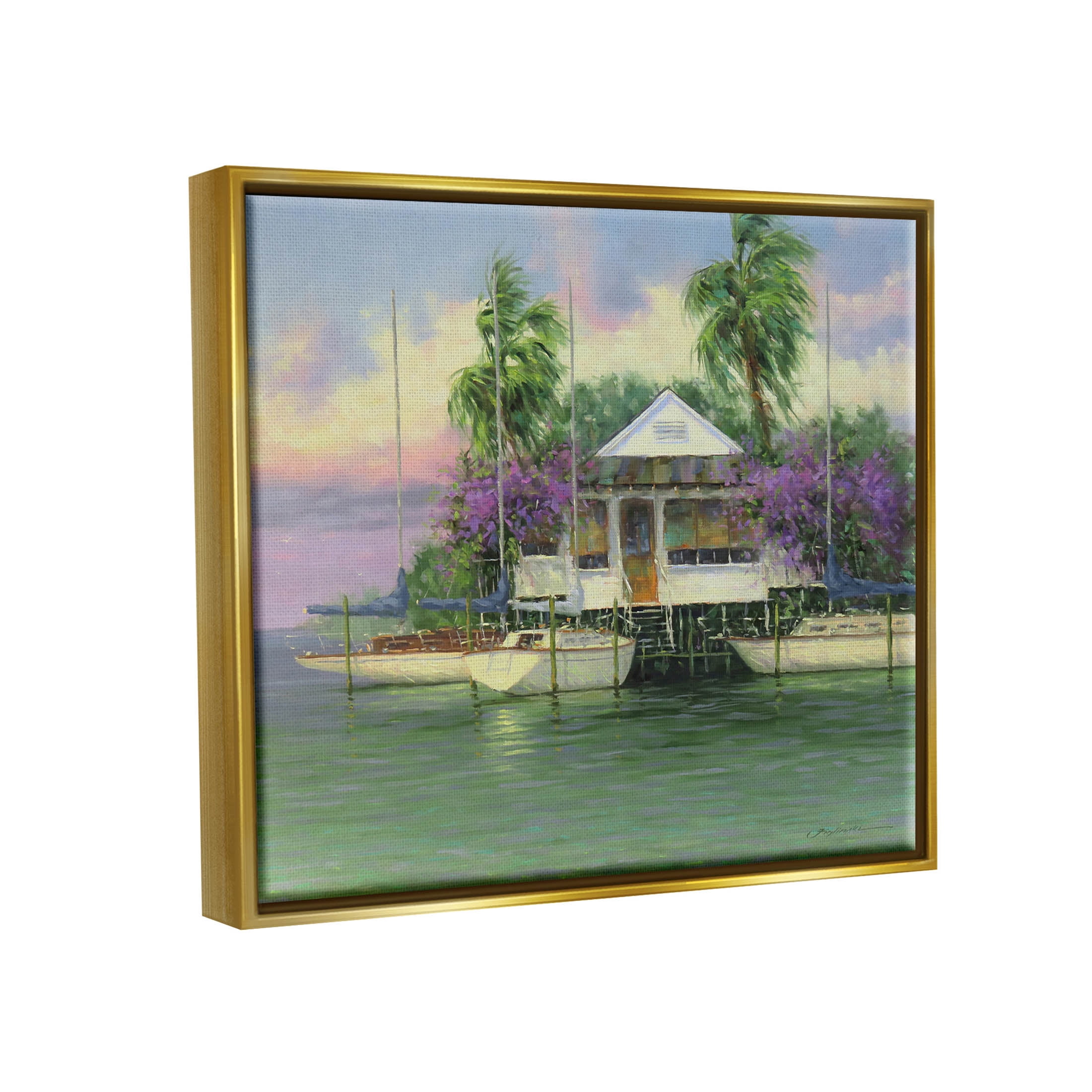 Coastal Boat Dock Tropical Palms Landscape Painting Metallic Gold Framed Art Print Wall Art