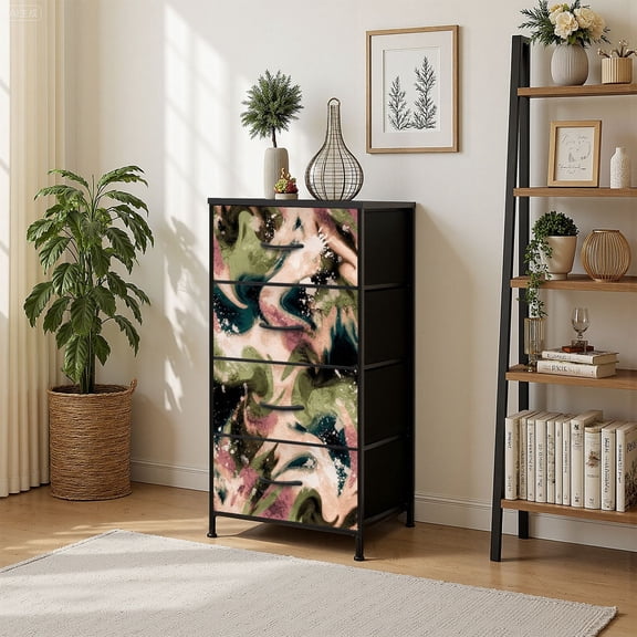 4 Drawer Vertical Storage Dresser Abstract Hand Drawing Marble Textured Liquid Wavy Fluid Ink Stains with Wood Top Fabric Pull Drawers