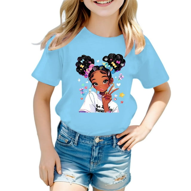 AJIWYH Polos pour Fille, T-Shirt Graphique Mignon à Col Rond et Manches Courtes pour Fille, T-Shirt Décontracté d'Été, Polo pour Fille de 11-12 Ans, Bleu