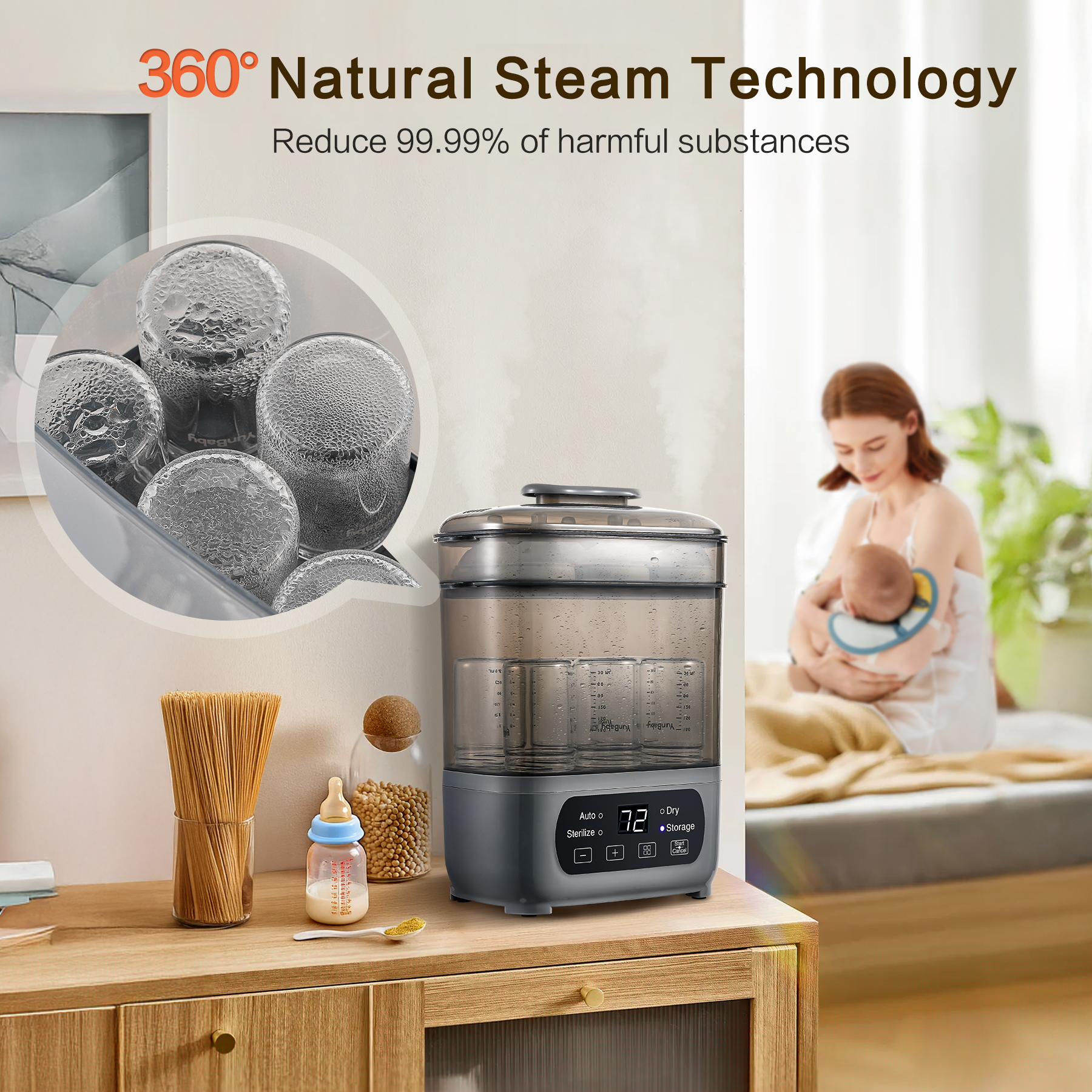 AMZBABYCHEF 4-in-1 Baby Bottle Sterilizer & Dryer: 72H Storage, 30-Min Dry, 6 Bottles + Accessories, FDA/CPC, 99.99% Germ-Free‌