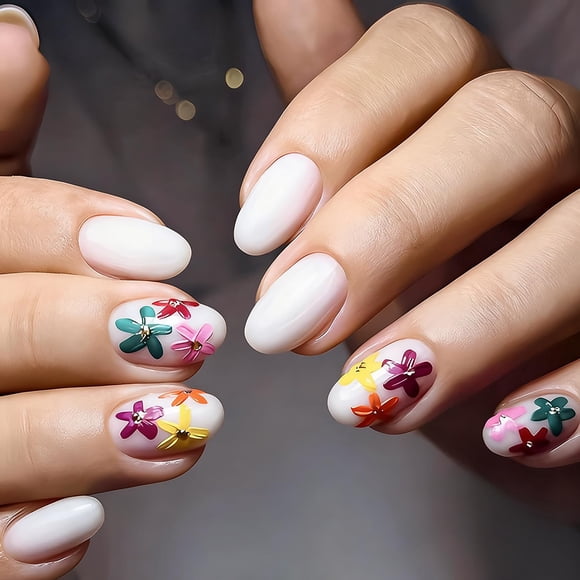 Uñas postizas adhesivas KSTBJN, almendra mediana, florales, 24 piezas