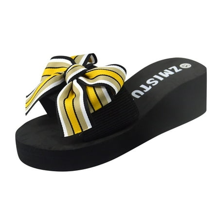

womens beach shoes Women Bow Sandals Slipper Indoor Outdoor Flip-Flops Beach Shoes Casual Slipper Stretch Fabric Yellow