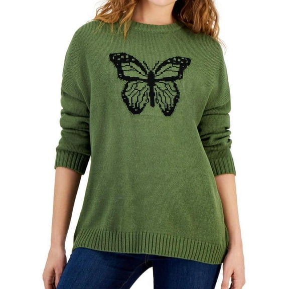 JUST POLLY Womens Butterfly Graphic Ribbed Edge Pullover Sweater, Green, Juniors, Large