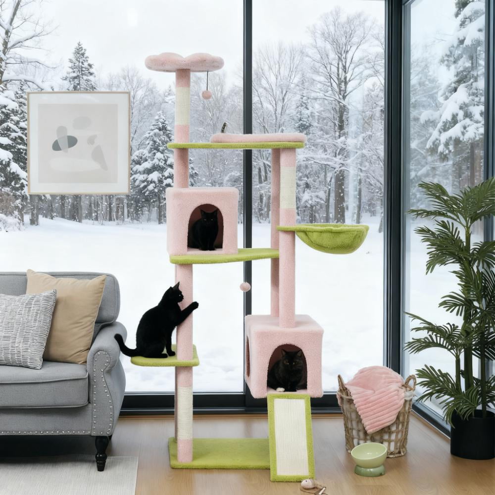 74" Flower Cat Tree, Large Cat Tower with Scratching Post & Board