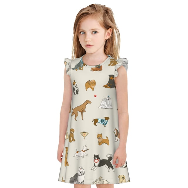 Fotbe Dogs Funny Pets Vestido de Dormir para Niñas de 3 a 10 Años, Mangas Cortas, Estilo Princesa, Pijama Camisón con Mangas Voladas-Small