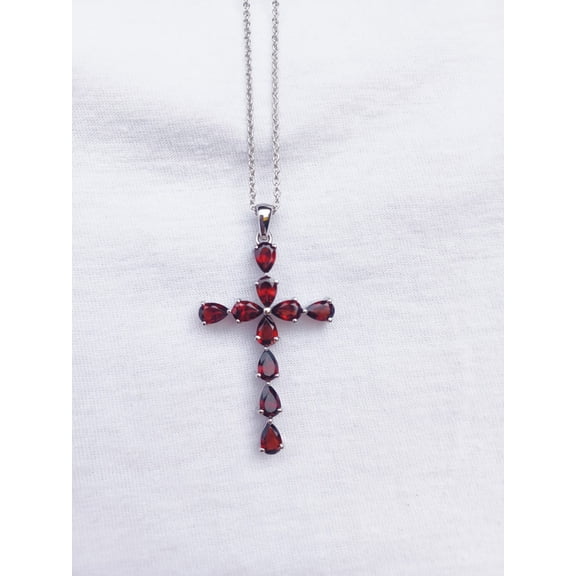 Natural Garnet Cross Pendant with Adjustable Chain, Sterling Silver, Religious Cross Pendant, January Birthstone Necklace, Religious Necklace Gift, Christmas Gift