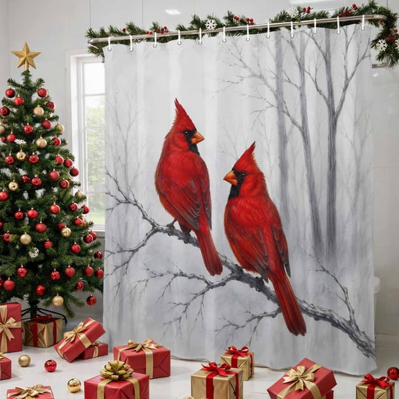 Red Cardinal Christmas Shower Curtains for Bathroom, Winter Branches Xmas Forest Waterproof Fabric Shower Curtain, Decorative Bathroom Curtain for Bathtub, 72"x84", No Hooks Included