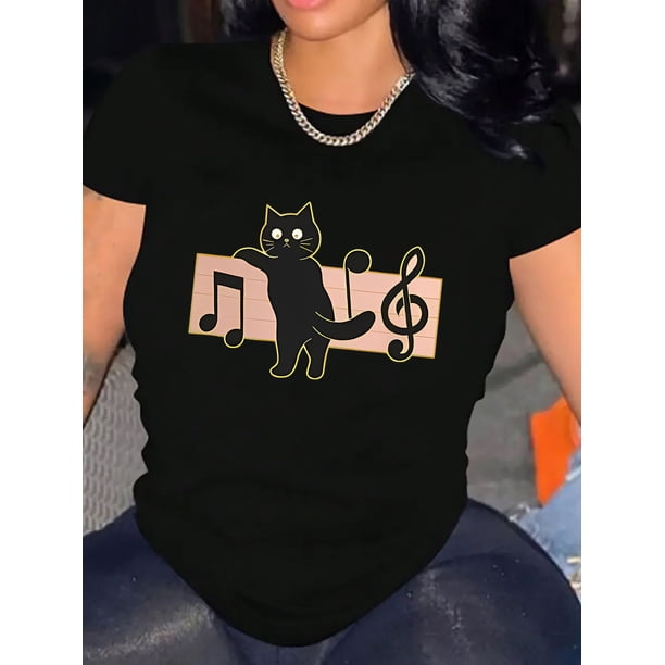 Camiseta con estampado de gato y notas musicales para mujer: cuello redondo, manga corta, cómoda mezcla de algodón, lavable a máquina, para verano, ideal para practicar deporte.