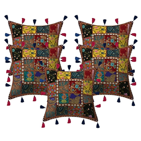 Stylo Culture Ethnic Decorative Throw Pillow Covers Patchwork 16x16 Embroidered Cowrie Sea Shell Tassels Brown Tribal Hippie 40cm x 40cm Bed Room Cotton Floral Square Cushion Covers | Set Of 5
