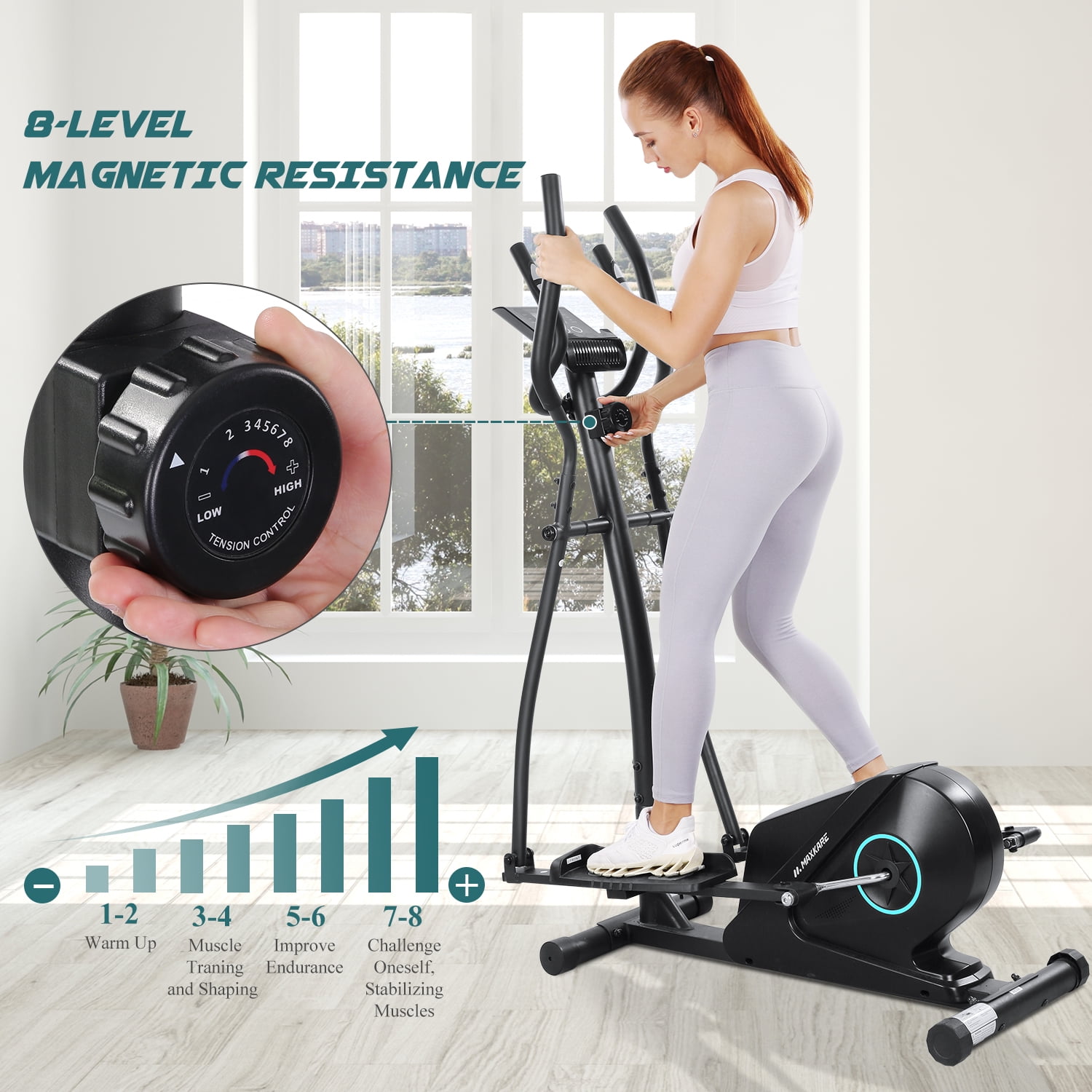 MaxKare Elliptical Machine for Home Use 8-Level Resistance Portable Magnetic Elliptical Exercise Machine Trainer with Flywheel Extra-Large Pedal & LCD Monitor Quiet Smooth 