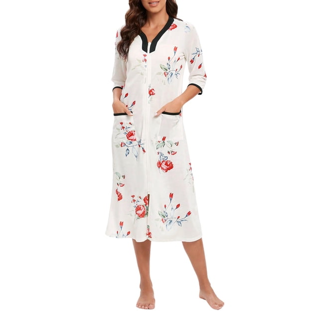 asddcavvf Chemises de Nuit pour Femmes Robe à Fermeture Éclair devant Manches 3/4 Robe de Maison Longueur Mi-Mollet Décontractée