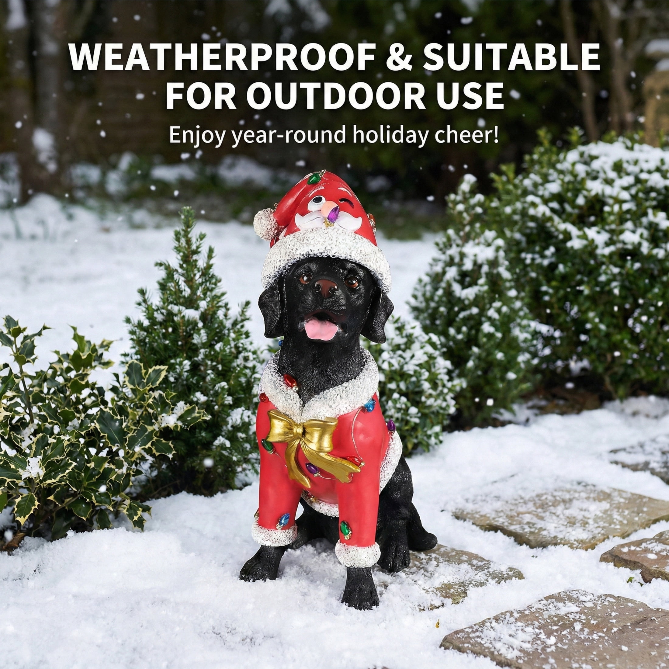 Noble House Christmas Labrador Retriever Statue, Cheerful Holiday Dog Figurine in Santa Outfit, Black Fur & Red Shirt