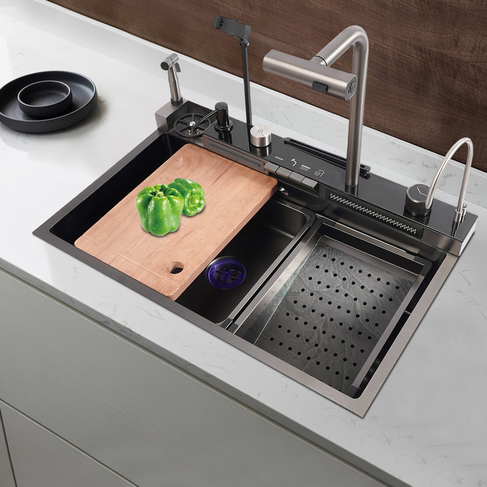 Stainless Steel Single Slot Digital Kitchen Sink Faucet Flying Rain Waterfall 75*46*23cm