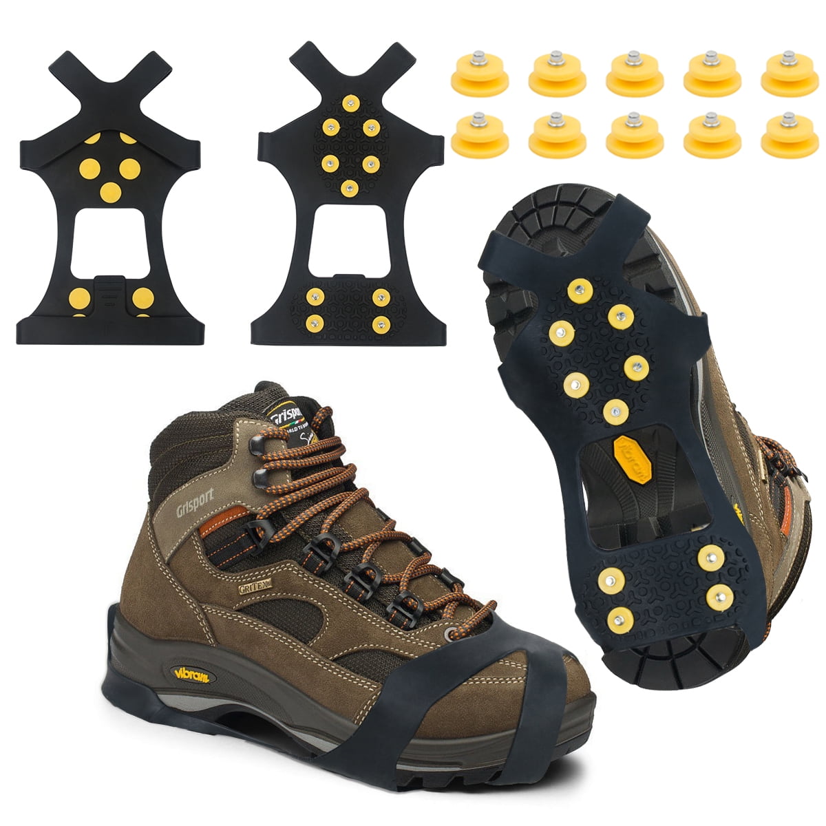 Anti-Slip Ice & Snow Grips Shoes Traction Cleats 10 Teeth Steel Studs Stretchable Ice Grippers Safe Protect for Walk on Ice Snow Freezing Mud Ground Winter Walking Hiking Mountaineering 