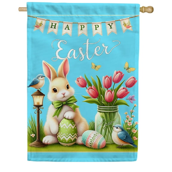America Forever Easter Bunnies House Flag, 28” x 40” Double Sided, Mason Jar Tulips Floral Flowers Bouquet , Happy Easter Day Welcome Flags for Spring Summer Outdoor, Yard, and Farmhouse Decor