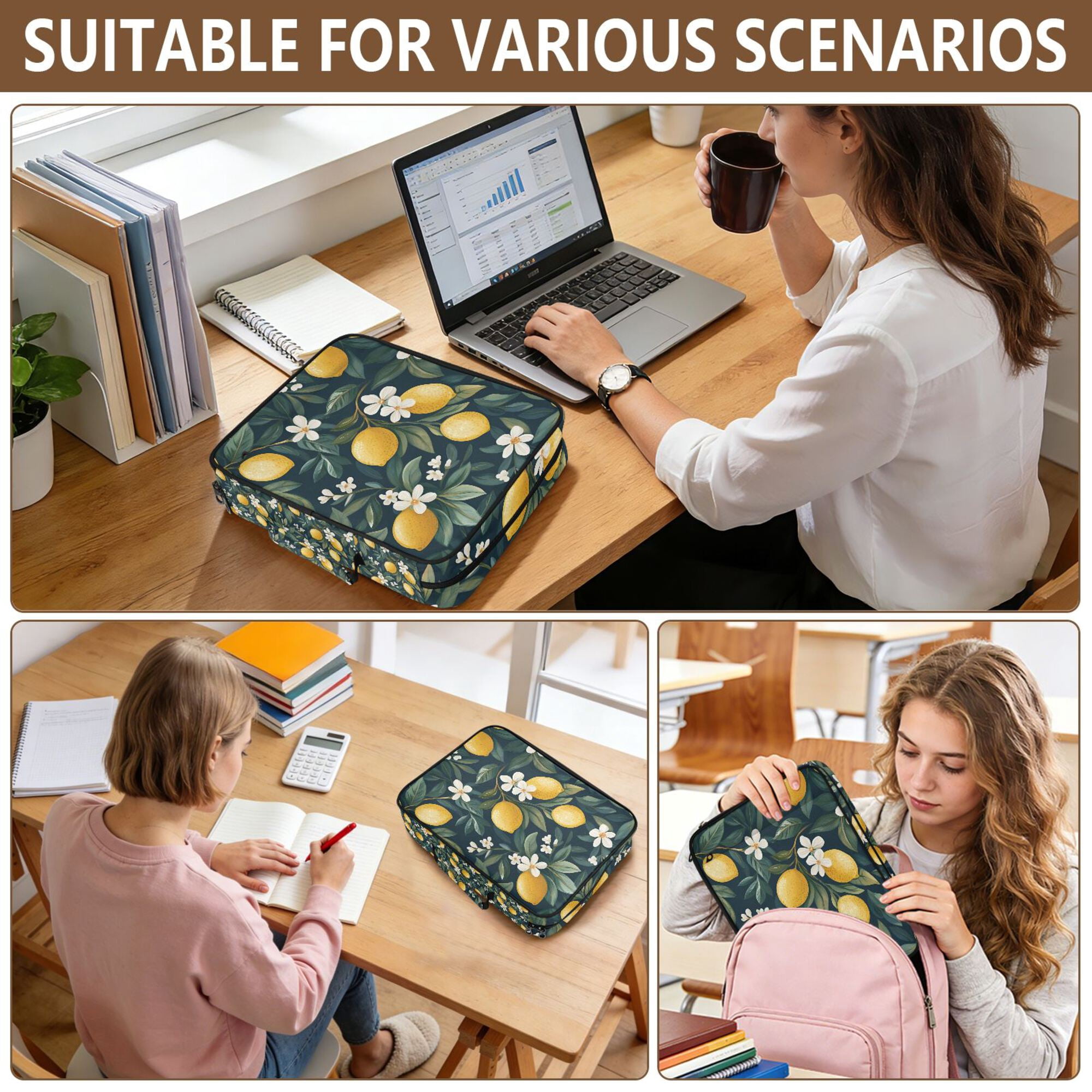 FORMRS Accordion File Folder A4 Size 7-Pocket Expanding Document Organizer Bag with 3 Ring Binder, Floral Lemons