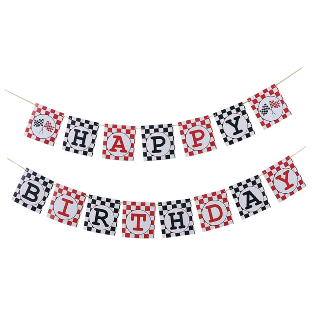 Banner de carreras, decoración de bandera de carreras a cuadros, globos blancos, banderas, cartel de feliz cumpleaños, guirnalda de globos blancos