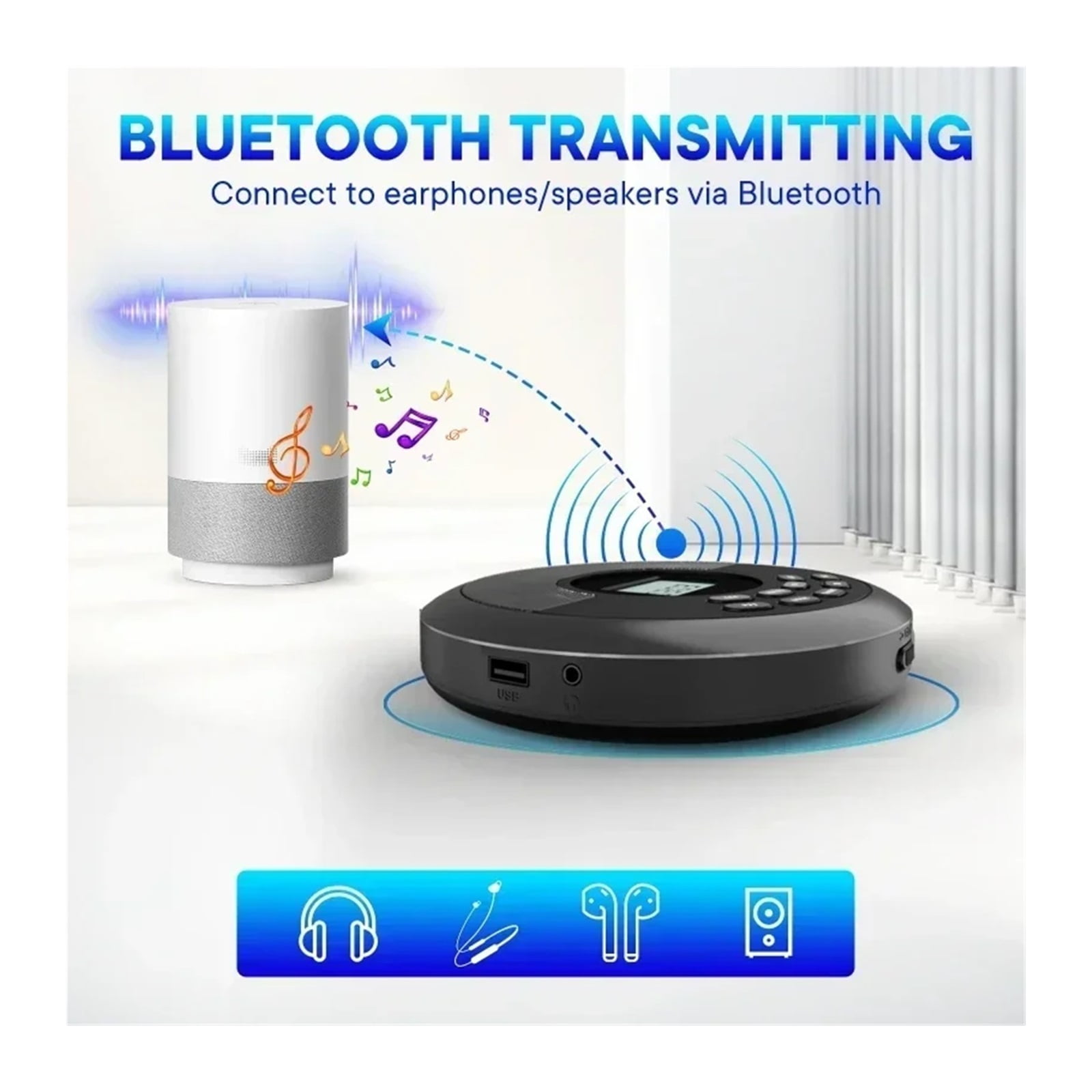 Bluetooth CD Player Portable Rechargeable with Speakers & Headphones Walkman MP3 Player