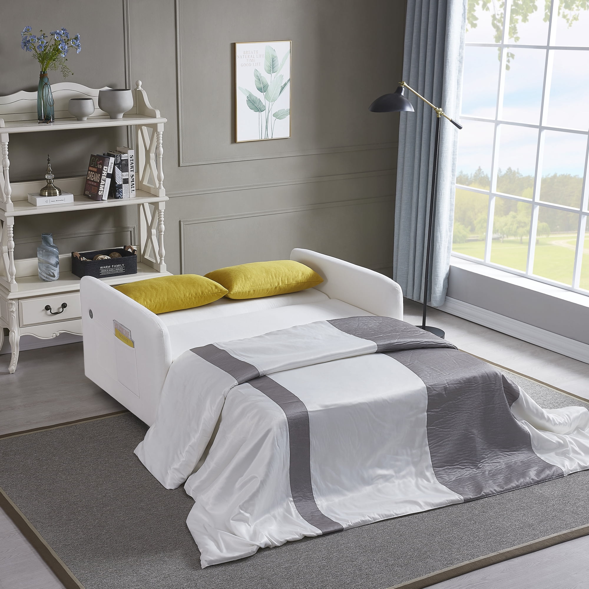 3 in 1 Convertible Sleeper Sofa Bed with Pull Out Bed ,Modern Linen Fabric Upholstered Loveseat Sofa Couch with 2 Pillows and Adjsutable Backrest,Cream White