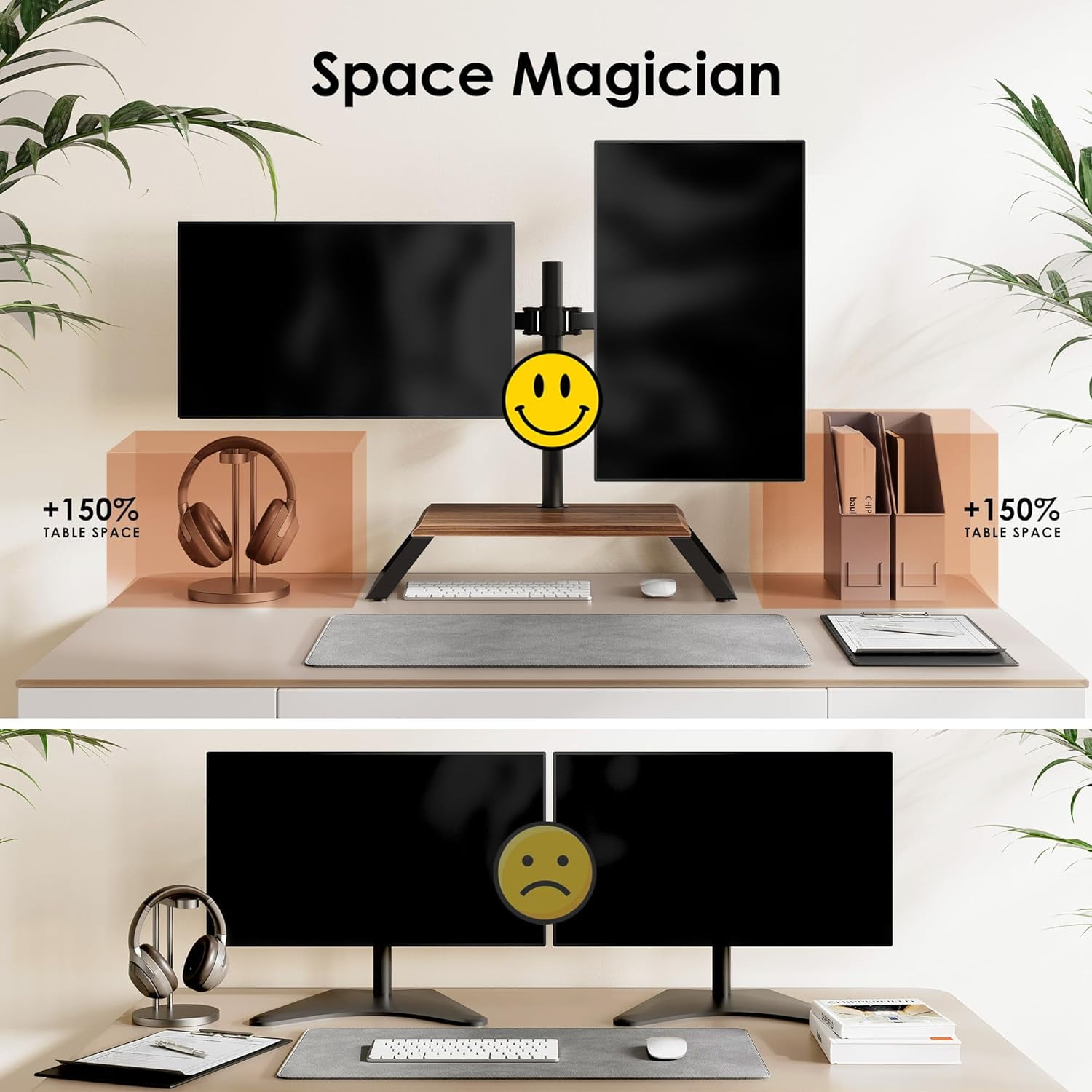 Dual Monitor Stand Riser for 12-27 Inch Screens, Freestanding Adjustable Mount with Wood Platform, VESA 75x75/100x100mm, Holds  to 22lbs Each Arm
