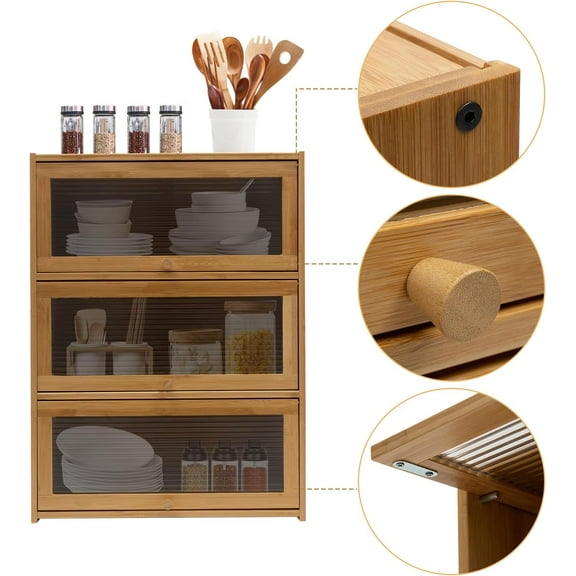 Small Bamboo Kitchen Pantry Sideboard, 3-Tier Freestanding Countertop Storage Cabinet with Acrylic Doors Enclosed Dust-Free for Spice Seasoning Bottles Dish Bowl (Wood)