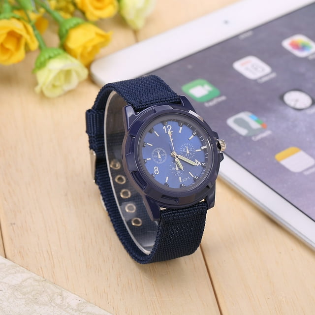 Reloj de pulsera analógico electrónico, correa de nailon redonda, reloj de pulsera militar (azul)